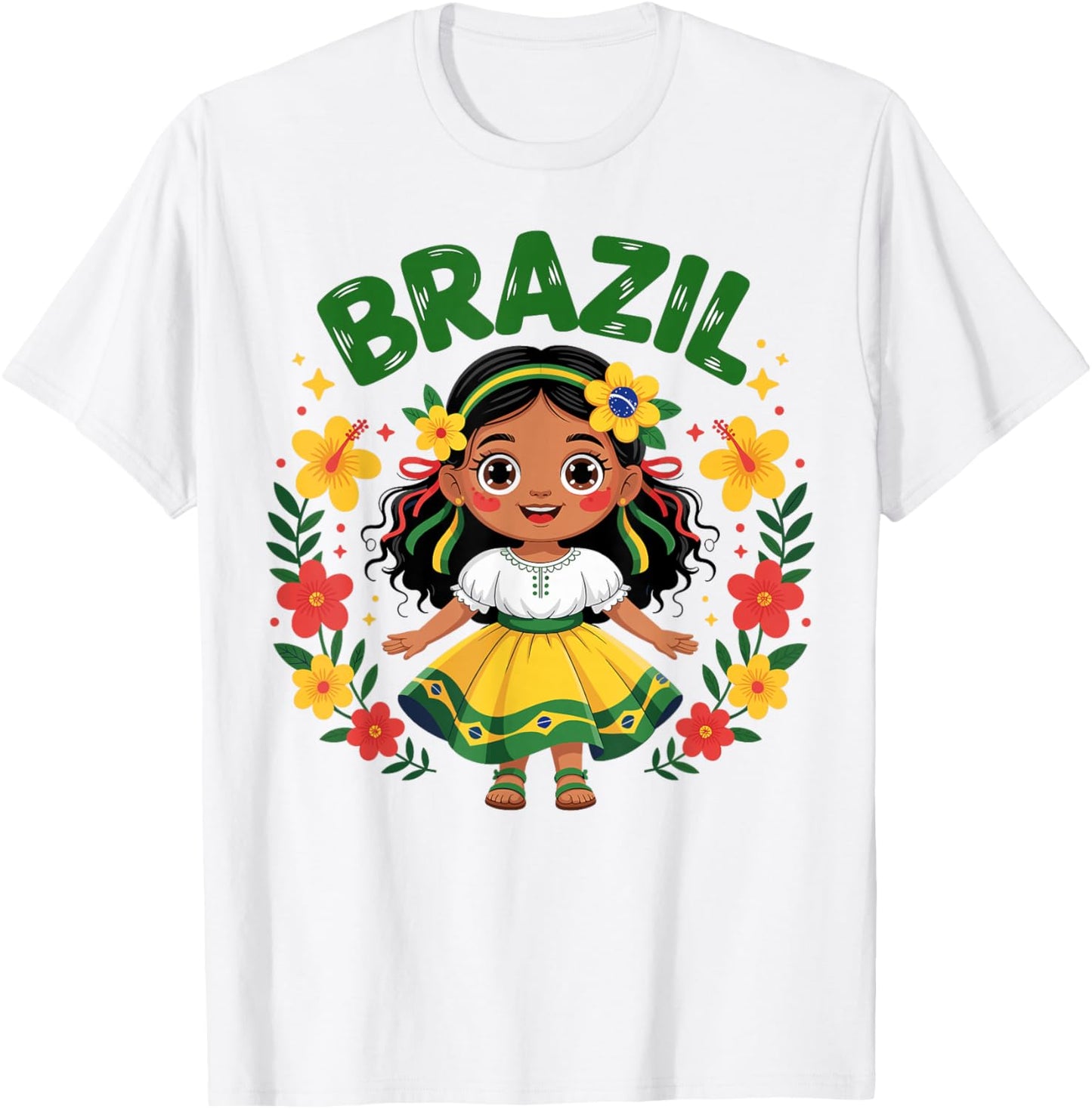 Cute Brazil Girl Traditional Dress Flag Colors Art for Kids T-Shirt - T-Shirt | White
