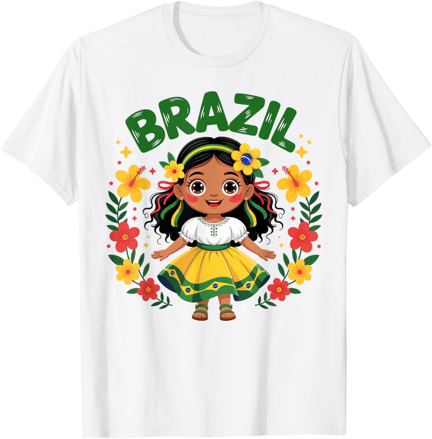 Cute Brazil Girl Traditional Dress Flag Colors Art for Kids T-Shirt - T-Shirt | White