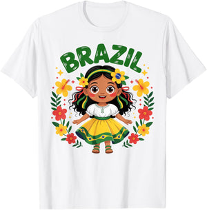 Cute Brazil Girl Traditional Dress Flag Colors Art for Kids T-Shirt - T-Shirt | White