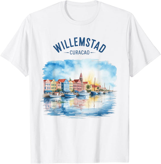 Willemstad Curacao Vintage Watercolor Scene Culture Travel T-Shirt - T-Shirt | White