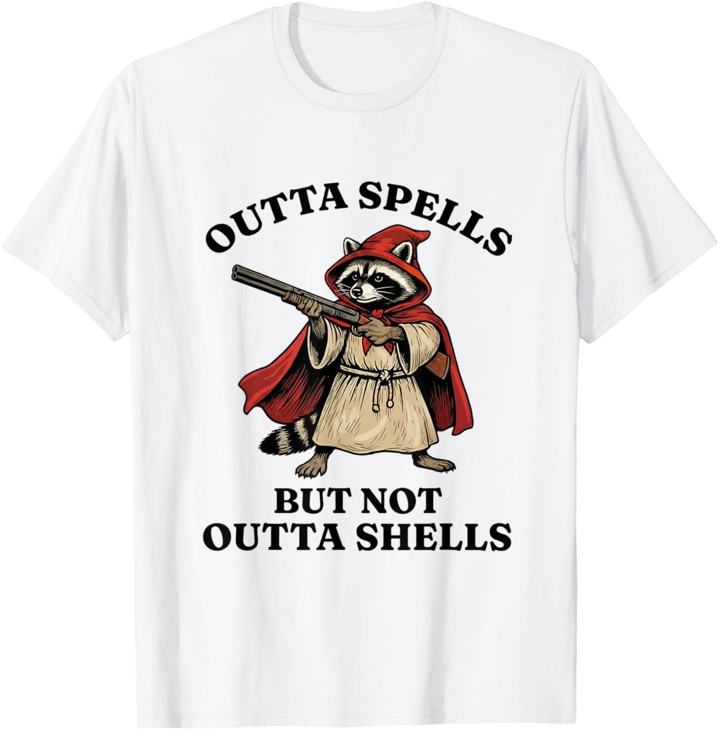 Raccoon Outta Spells But Not Outta Shells Wizard Funny Meme T-Shirt - T-Shirt | White
