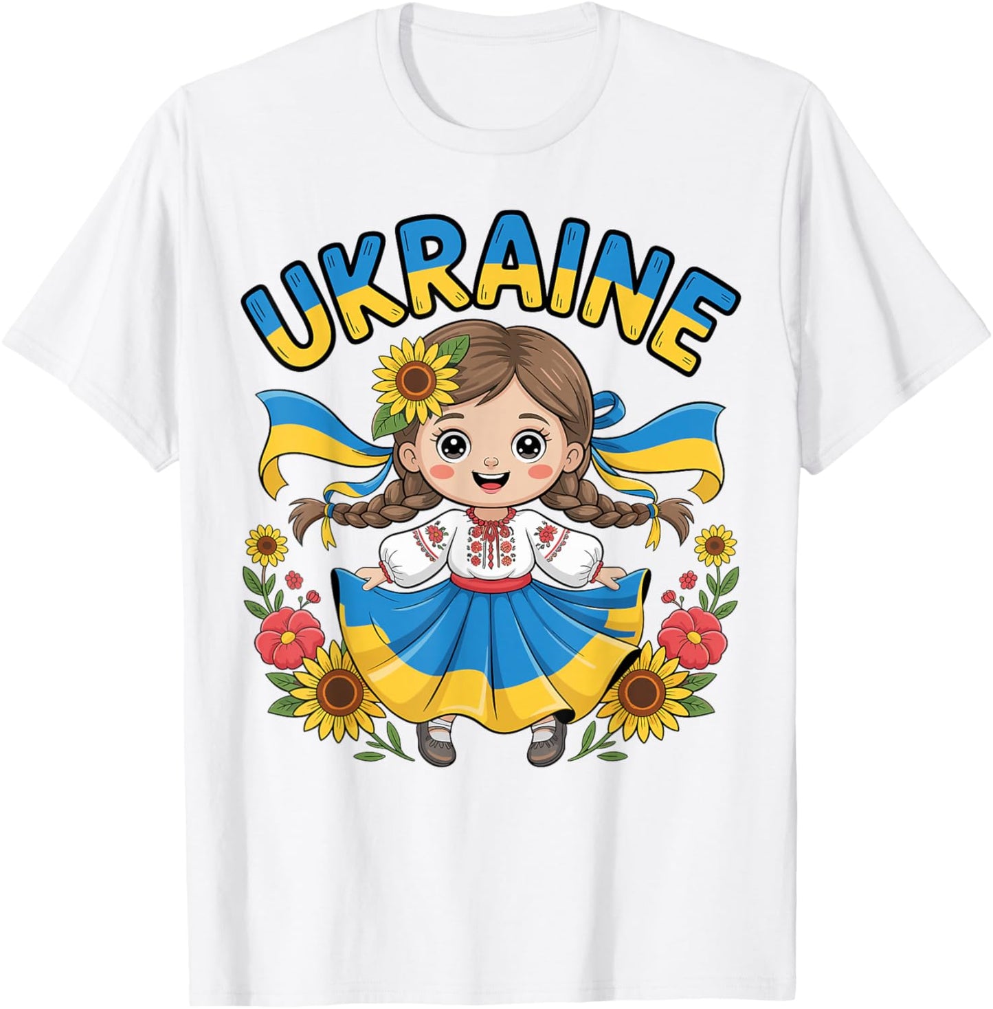 Cute Ukraine Girl Traditional Outfit with Sunflowers Kids T-Shirt - T-Shirt | White