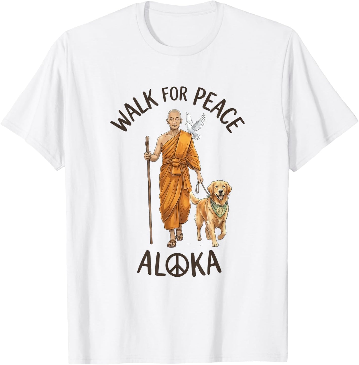 Buddhist Monk Walk for Peace Aloka Line Art Dove Dog T-Shirt - T-Shirt | White