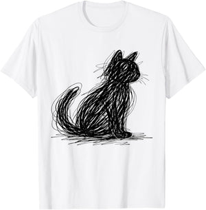 Scribble Cat Minimal Line Art Japanese T-Shirt - T-Shirt | White