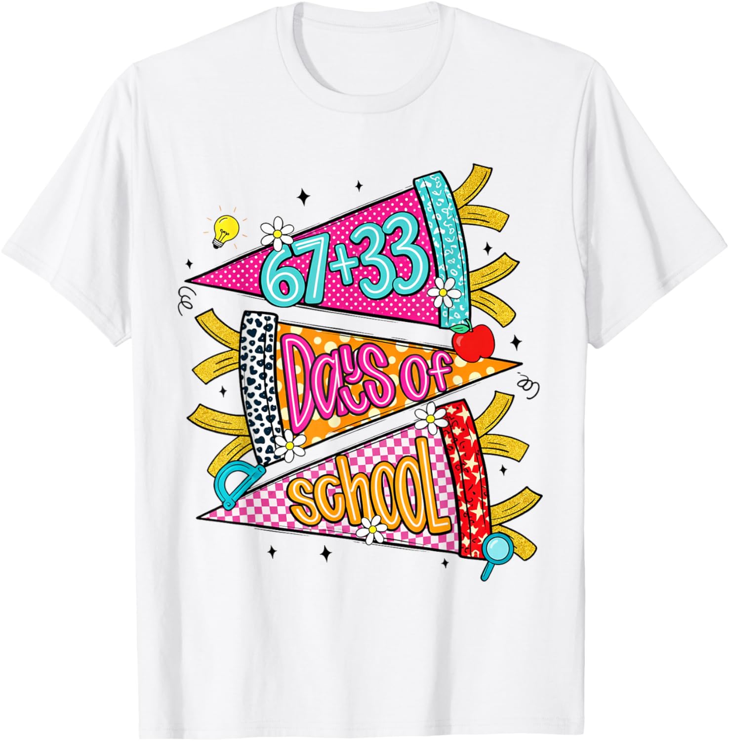 Preppy 67+33 Days of School Cheer 100 Days Teachers T-Shirt - T-Shirt | White