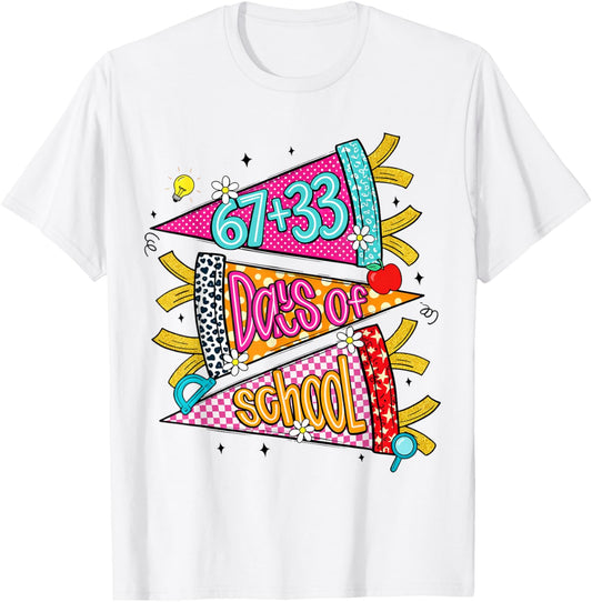 Preppy 67+33 Days of School Cheer 100 Days Teachers T-Shirt - T-Shirt | White