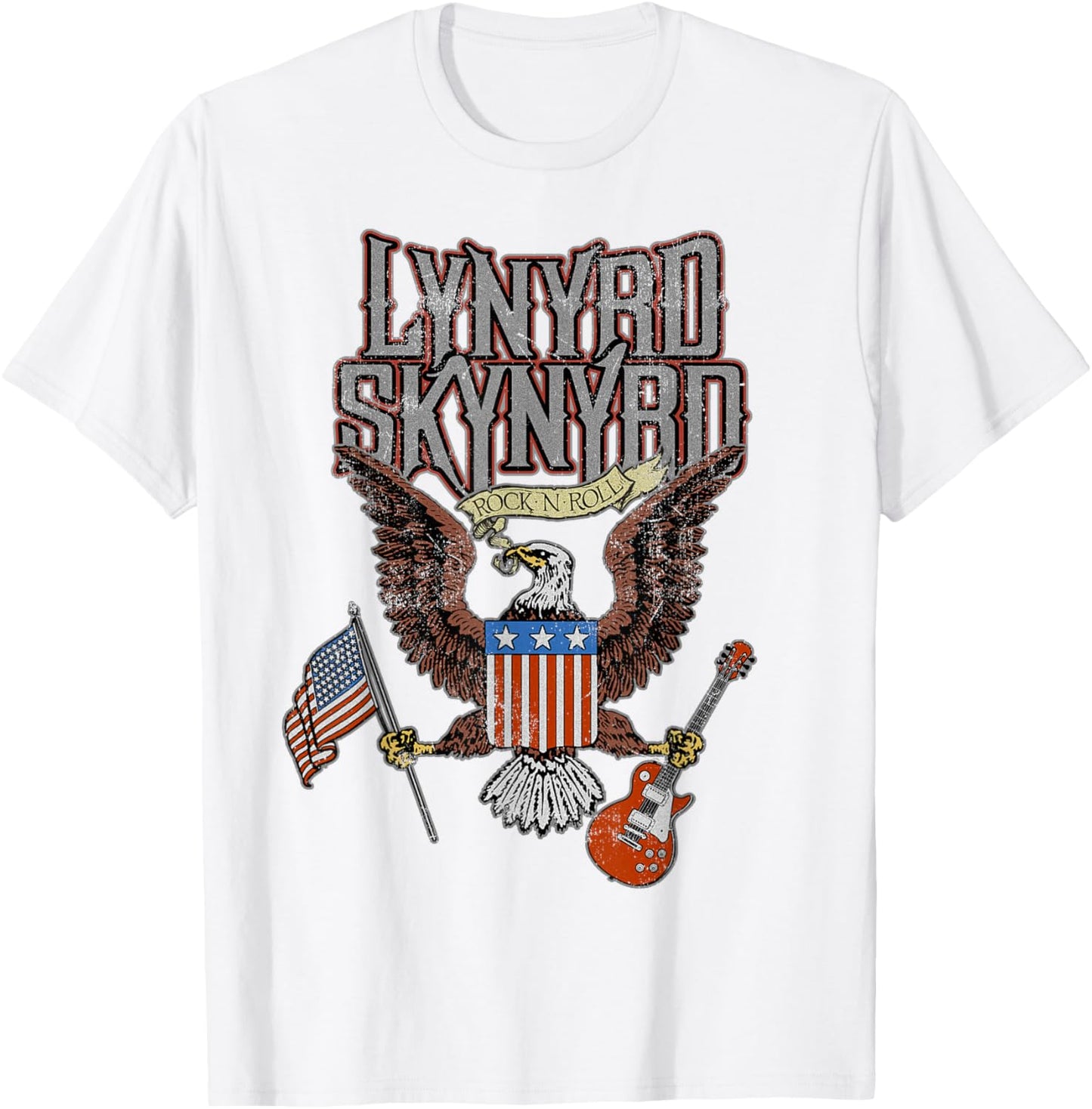 Lynyrd Skynyrd Eagle Guitar US Flag Classic Rock Biker Retro T-Shirt - T-Shirt | White