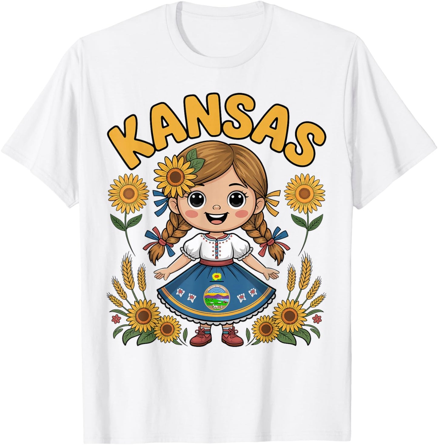 Cute Kansas Girl with Sunflowers and Flag Dress for Kids T-Shirt - T-Shirt | White