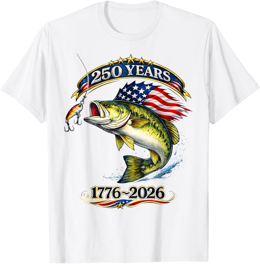 Patriotic Bass Fish and Flag 250 Years Fishing T-Shirt - T-Shirt | White