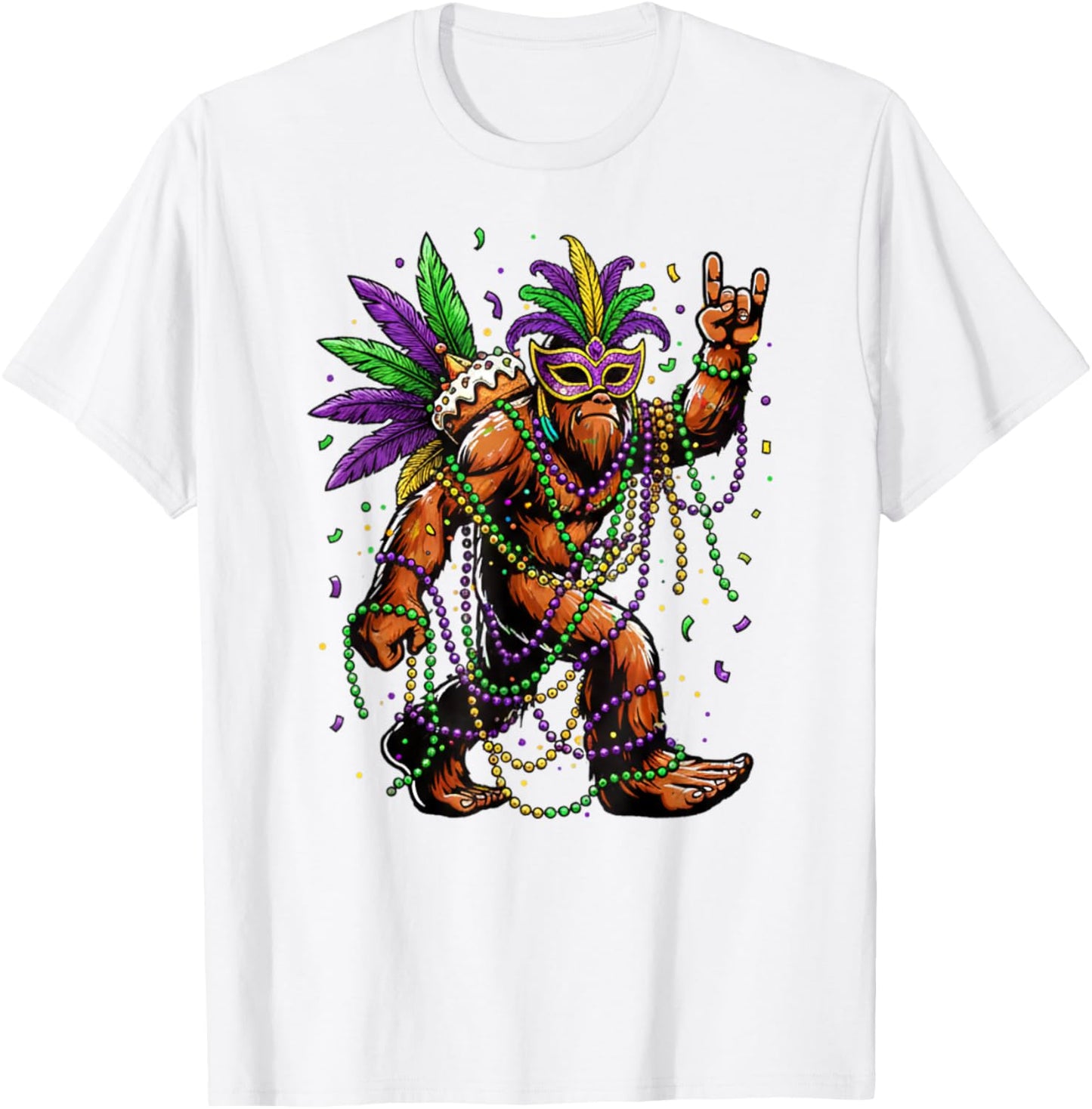 Mardi Gras Bigfoot Beads Necklace King Cake Mask Feathers T-Shirt - T-Shirt | White