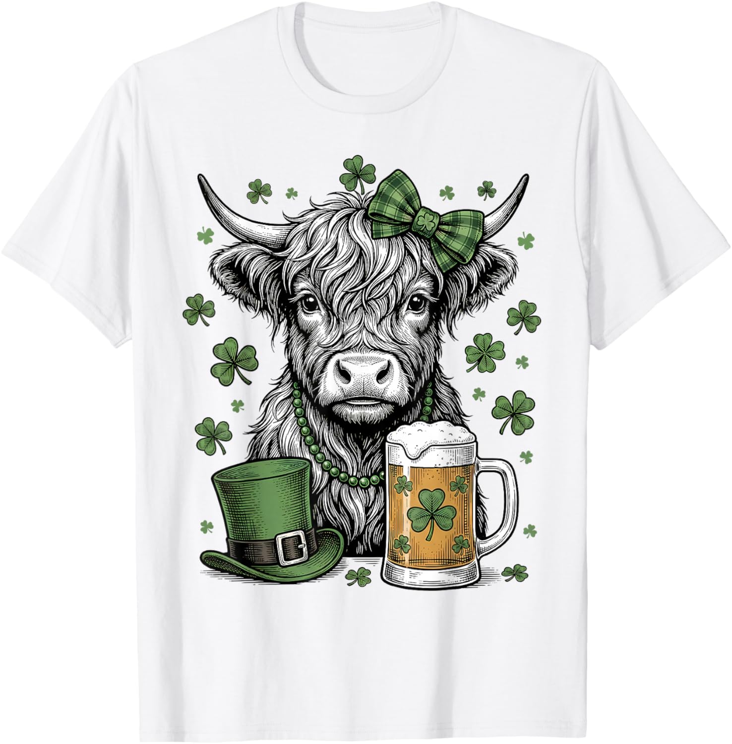 Irish Highland Cow with Shamrocks St Patrick’s Day Hat Funny T-Shirt - T-Shirt | White