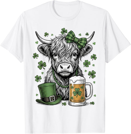 Irish Highland Cow with Shamrocks St Patrick’s Day Hat Funny T-Shirt - T-Shirt | White