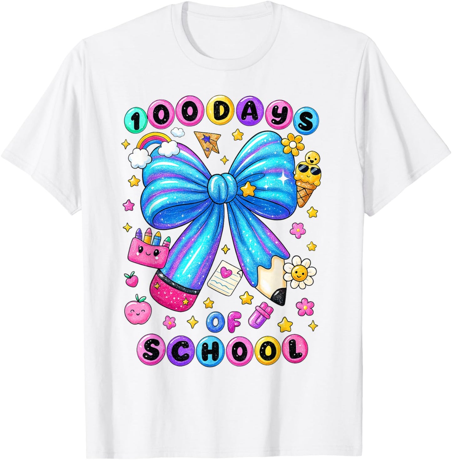 100 Days of School Bow Pencil Preppy Teacher Girl Kid T-Shirt - T-Shirt | White