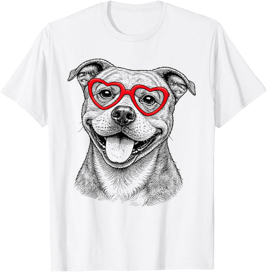 Funny Pitbull Face Heart Glasses Dog Valentine's Day T-Shirt - T-Shirt | White