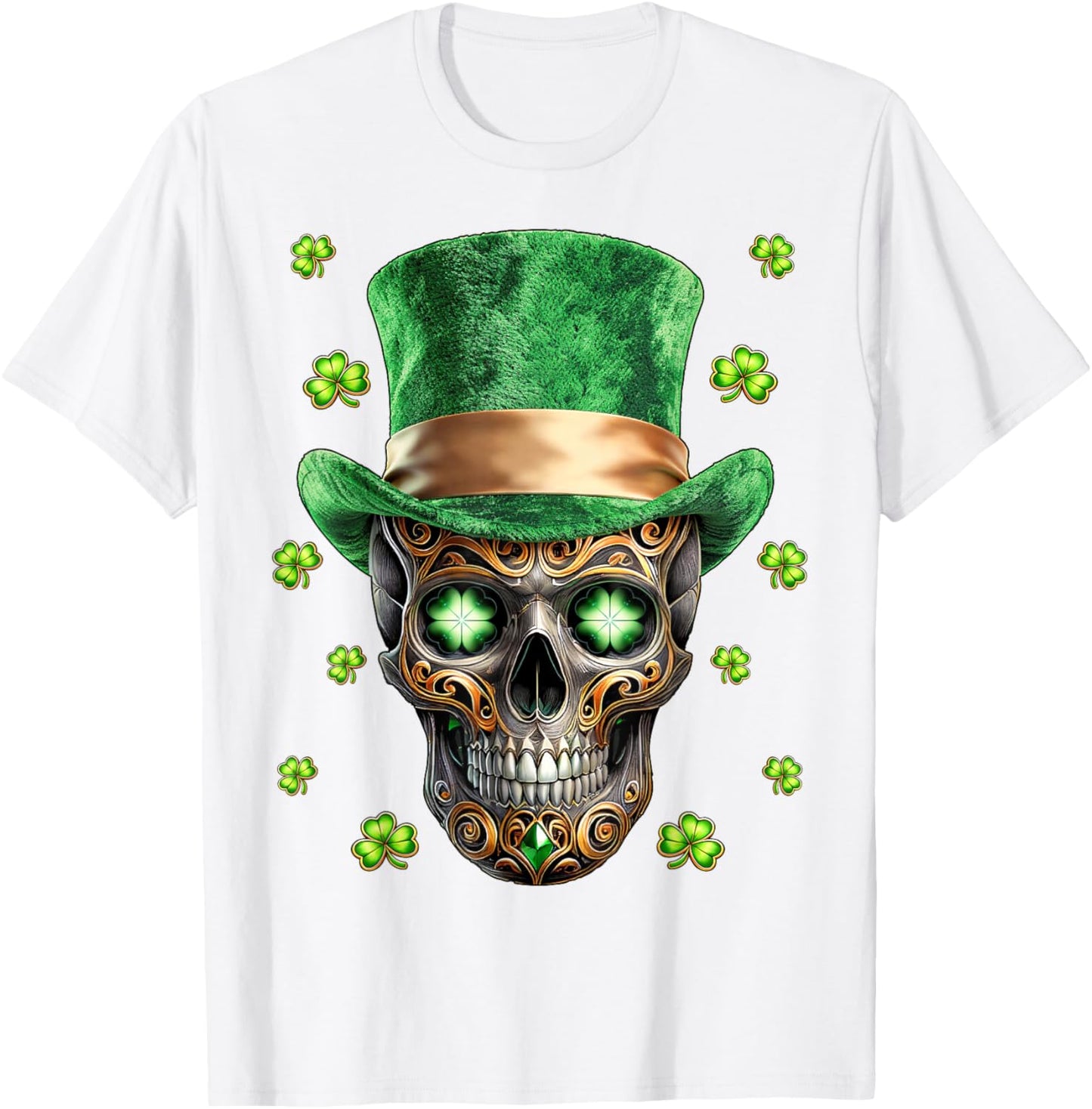Skeleton Skull St. Patrick’s Day Leprechaun Shamrock Irish T-Shirt - T-Shirt | White
