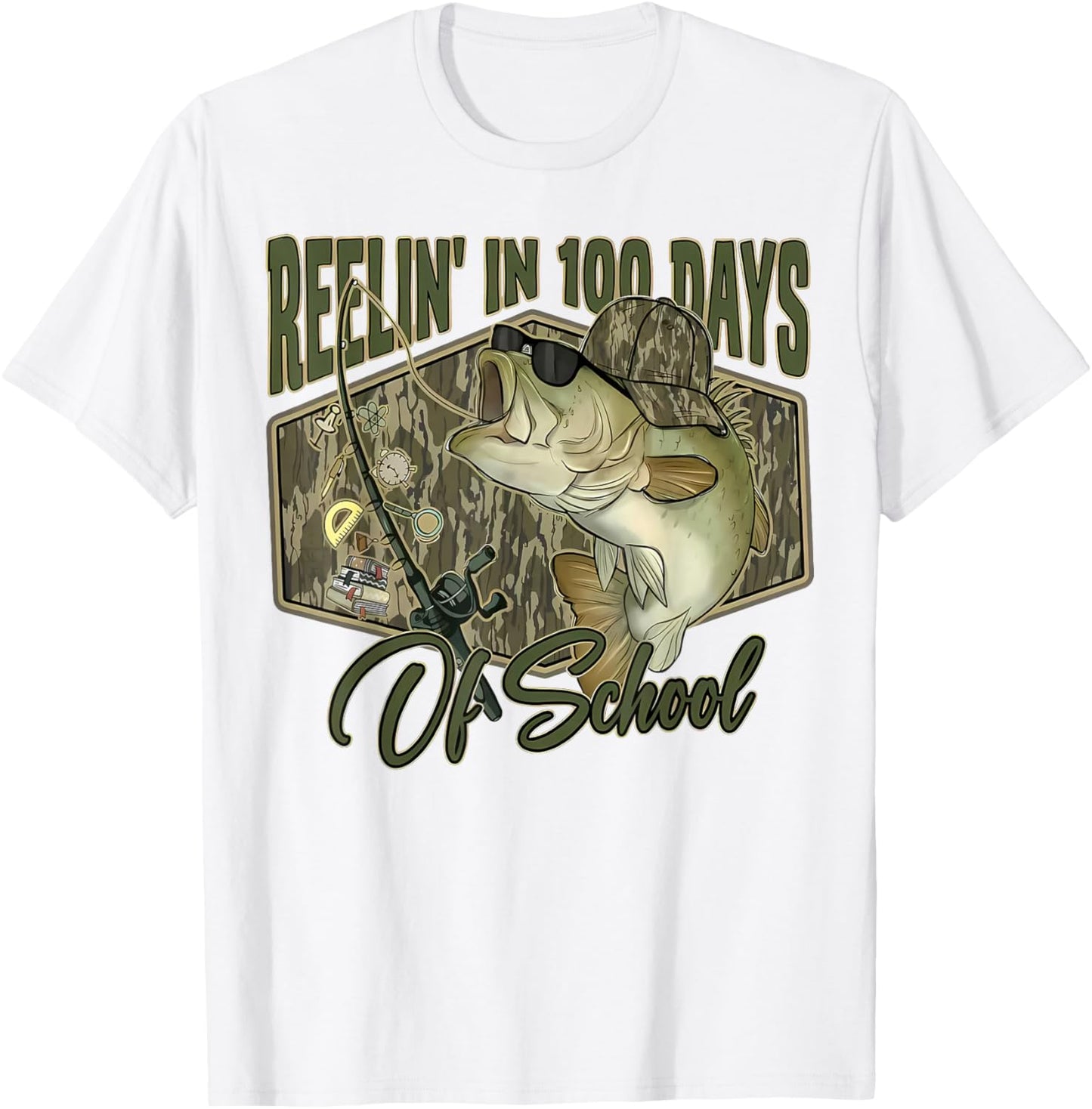 Retro Reelin’ in 100 Days of School Camo Bass Fishing Boys T-Shirt - T-Shirt | White
