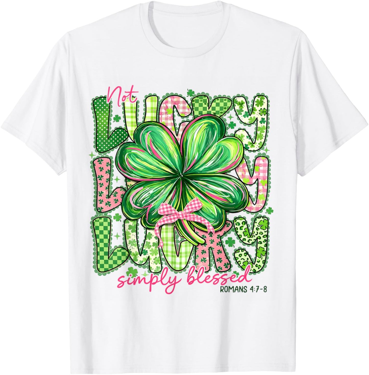 Not Lucky Simply Blessed Patrick's Day Shamrock Coquette Bow T-Shirt - T-Shirt | White