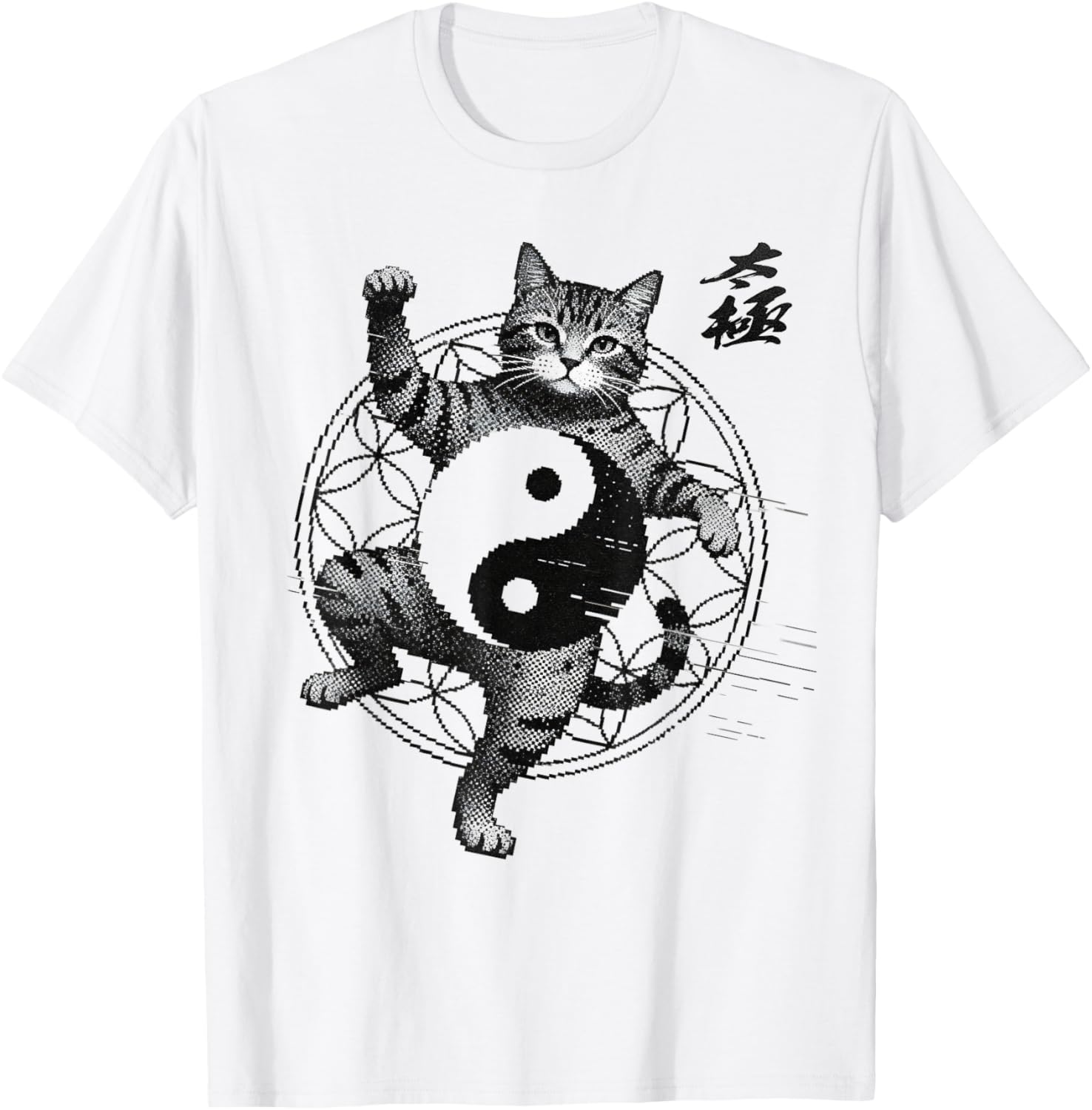Funny Cat Demonstrating Tai Chi Martial Arts Yin Yang Glitch T-Shirt - T-Shirt | White