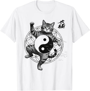 Funny Cat Demonstrating Tai Chi Martial Arts Yin Yang Glitch T-Shirt - T-Shirt | White