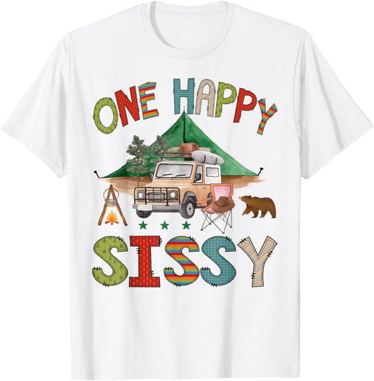 One Happy Sissy Camper 1st Birthday Boy Camping Bear T-Shirt - T-Shirt | White