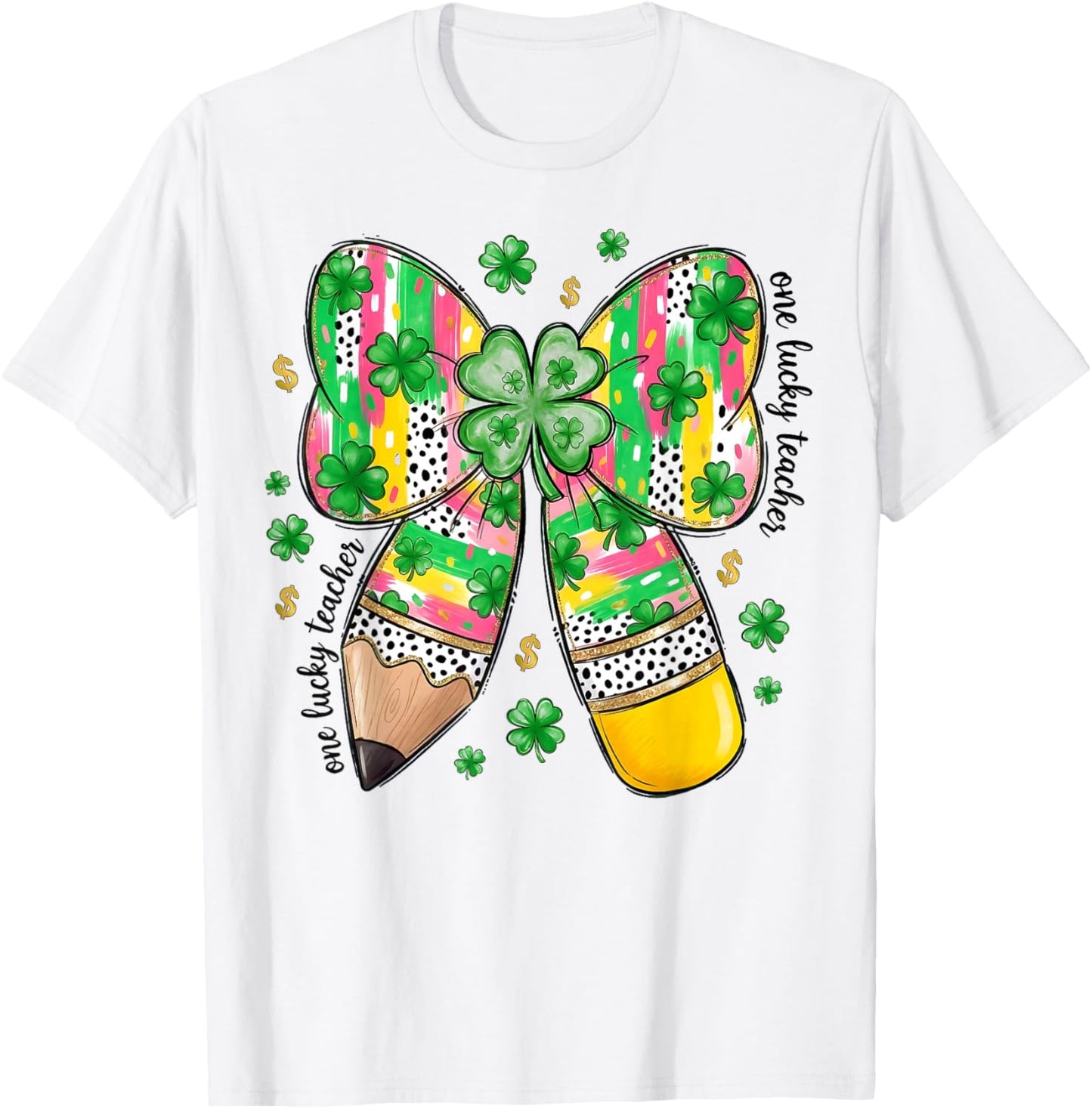 One Lucky Teacher St Patrick's Day Coquette Pencil Shamrock T-Shirt - T-Shirt | White