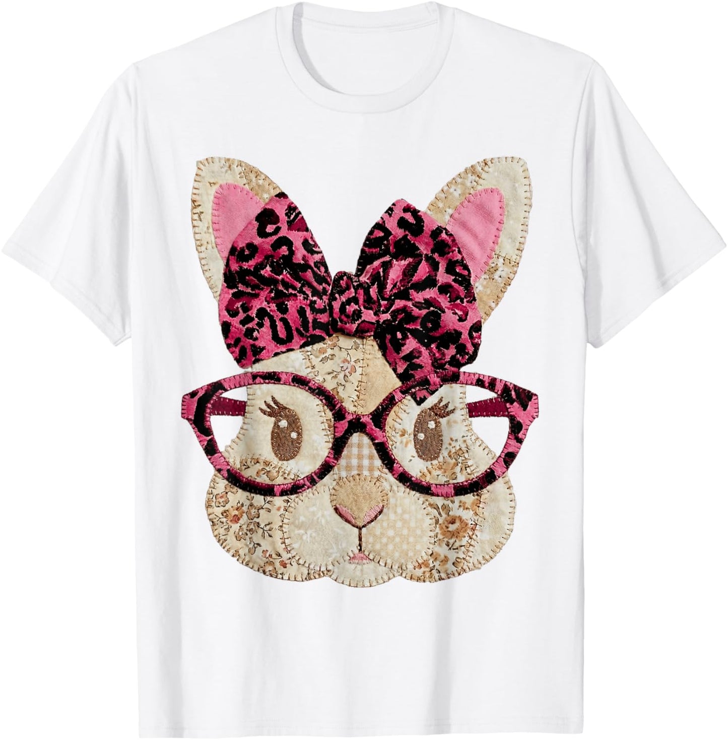 Cute Patchwork Easter Bunny with Glasses Pink Bow T-Shirt - T-Shirt | White