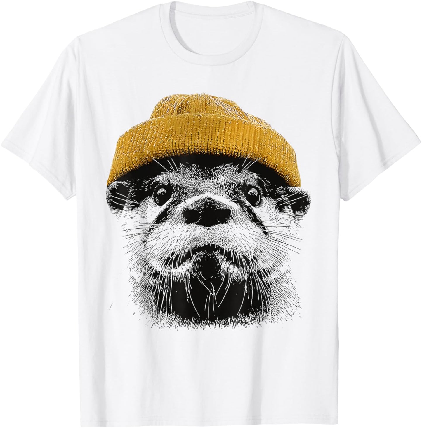 Retro River Otter Wearing Beanie Cute Otter Animal Art T-Shirt - T-Shirt | White