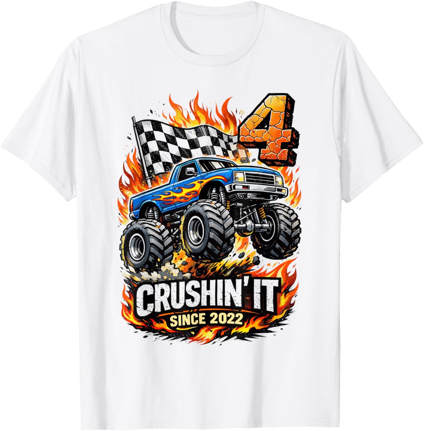 Birthday Monster Truck 4 Year Old Boys 4th Party Born 2022 T-Shirt - T-Shirt | White