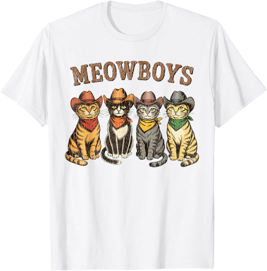 Meowboys Funny Cowboy Cats Vintage Western Humor Cat Lovers T-Shirt - T-Shirt | White