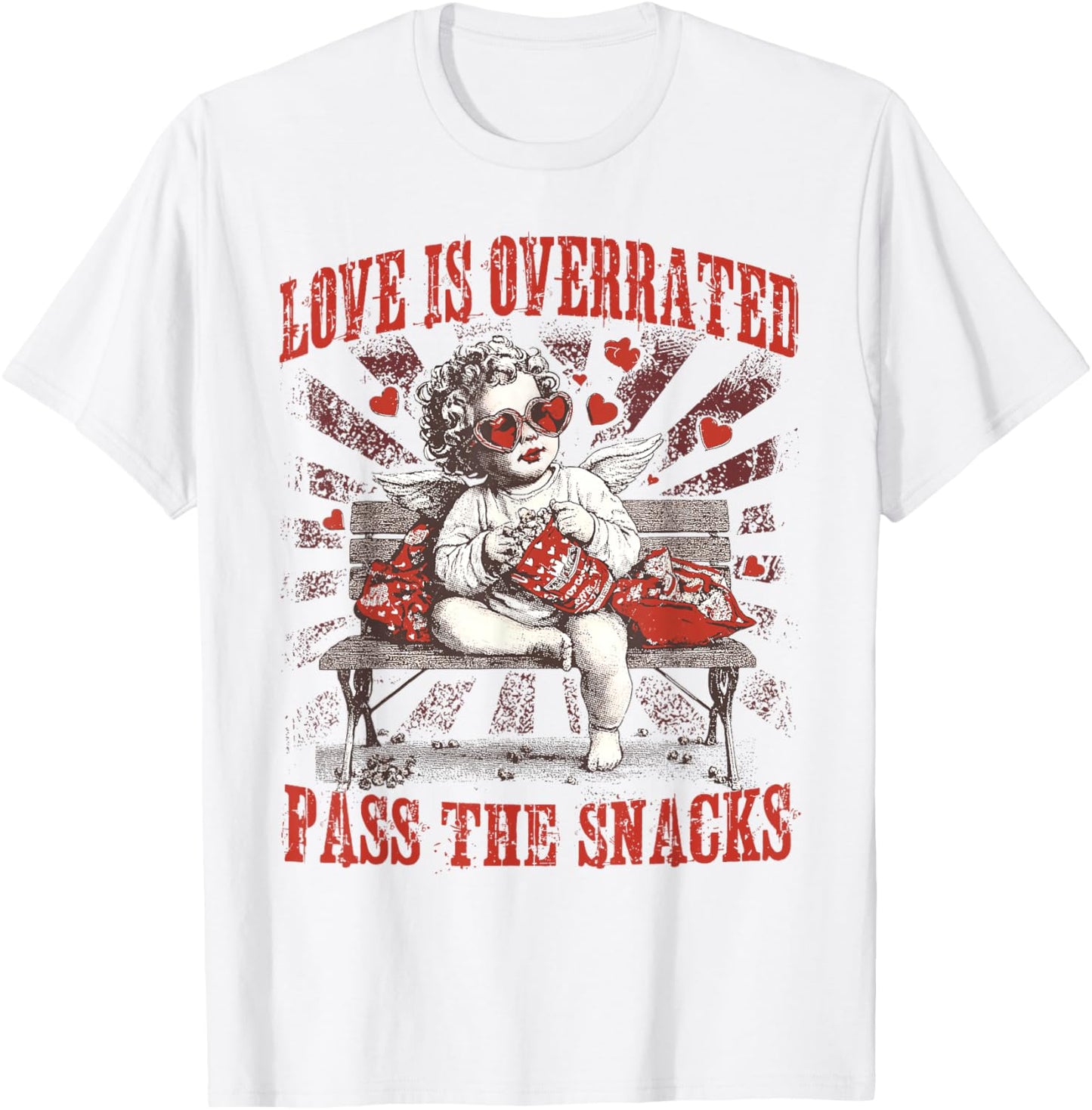 Funny Cupid Love is Overrated Pass The Snacks Anti Valentine T-Shirt - T-Shirt | White