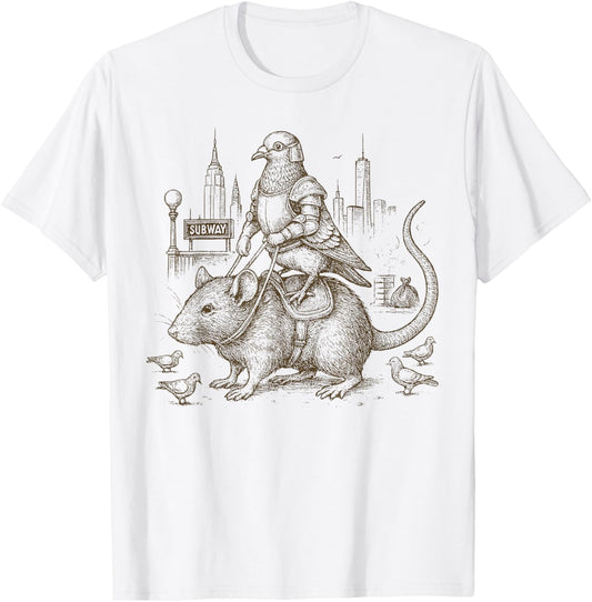 Vintage NYC Pigeon Riding Rat Funny City T-Shirt - T-Shirt | White