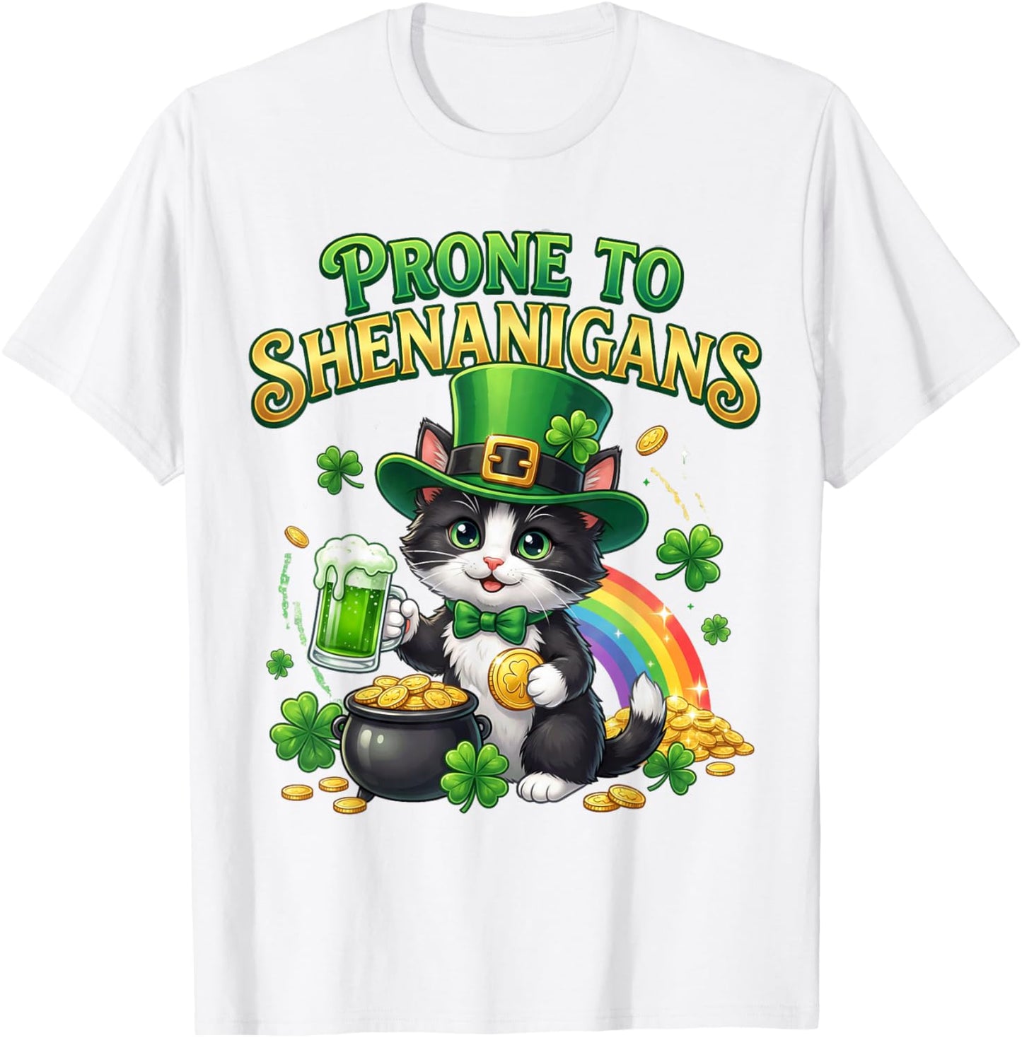Tuxedo Cat Saint Patrick's Day Prone to Shenanigans T-Shirt - T-Shirt | White