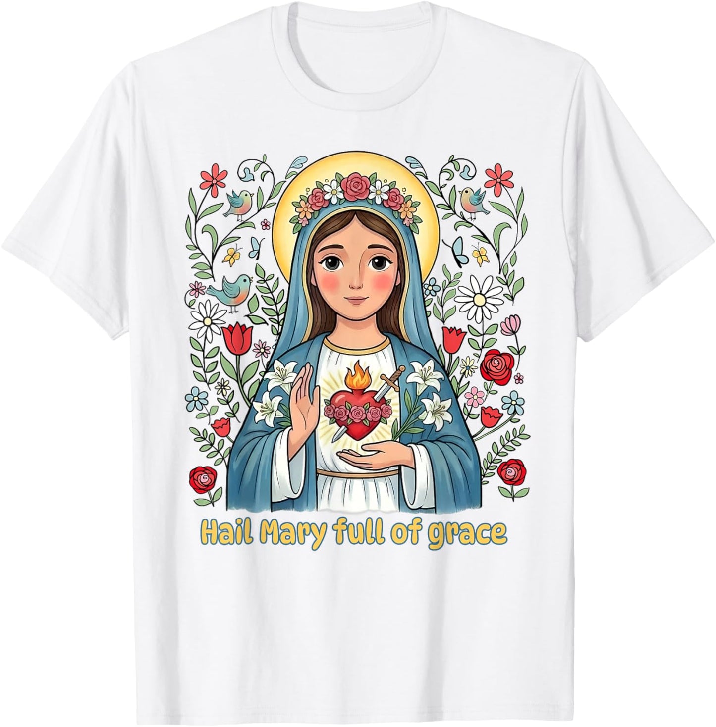 Beautiful Catholic Hail Mary Full of Grace Floral Kids T-Shirt - T-Shirt | White