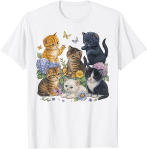 Cat Flower Floral Cute Kitten Vintage Flowers Art Cat Lover T-Shirt - T-Shirt | White