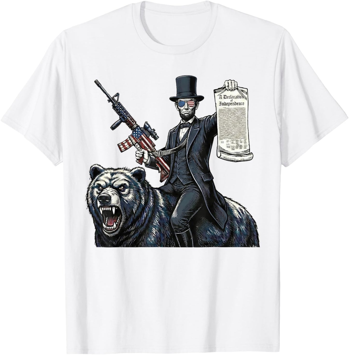 Abe Lincoln Riding Bear with Declaration Funny Patriotic 4th T-Shirt - T-Shirt | White