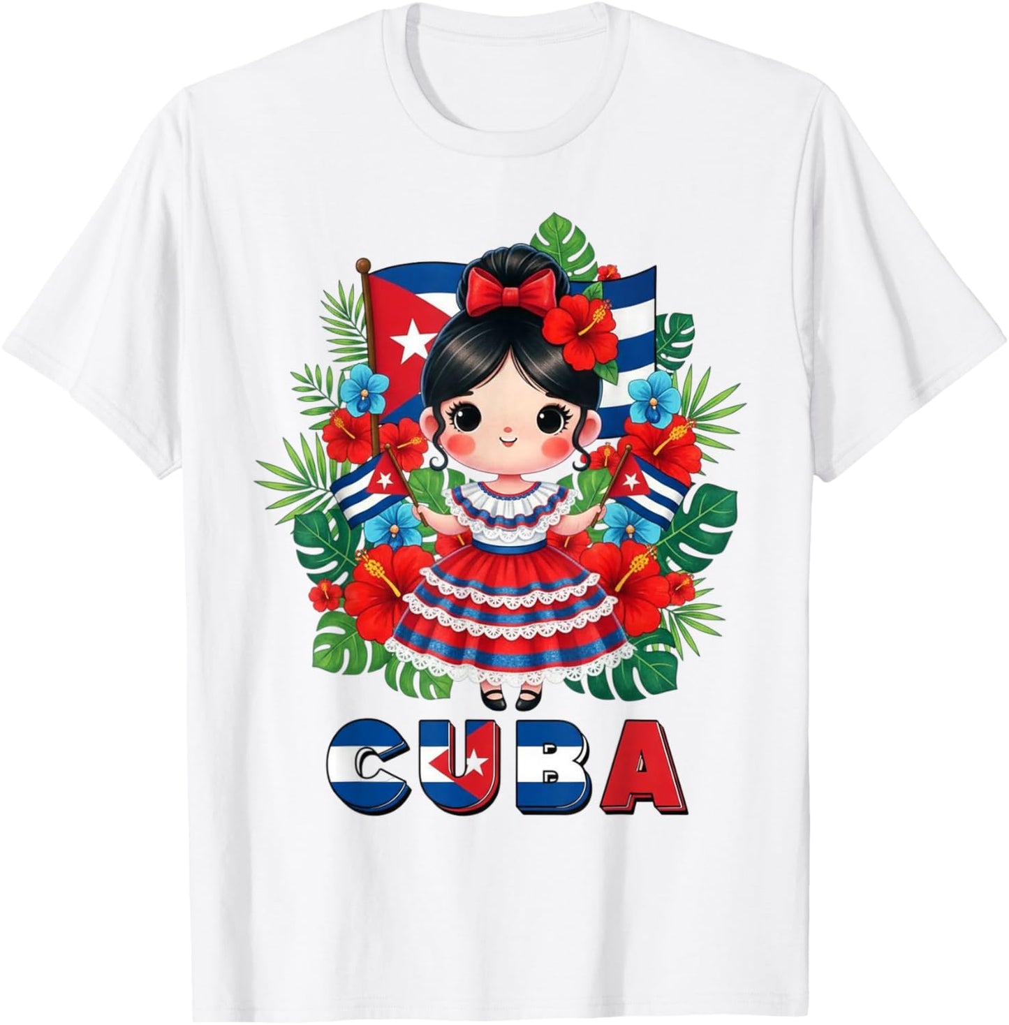 Cute Cuba Cuban Girl Traditional Dress Tropical Flowers T-Shirt - T-Shirt | White