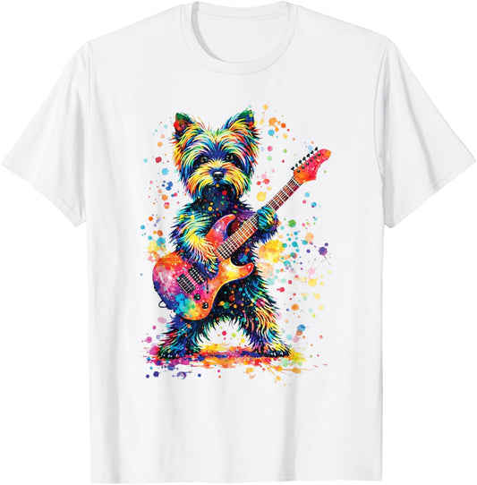 Colorful Yorkie Rock Funny Dog Playing Guitar Rock Style T-Shirt - T-Shirt | White
