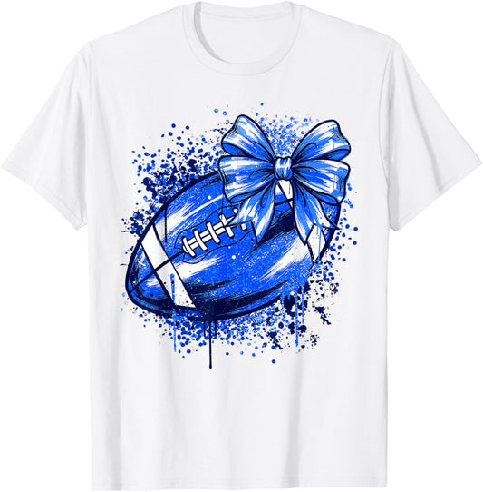 Game Day Coquette Bow Football Mama Girl Go Cheer Blue T-Shirt - T-Shirt | White