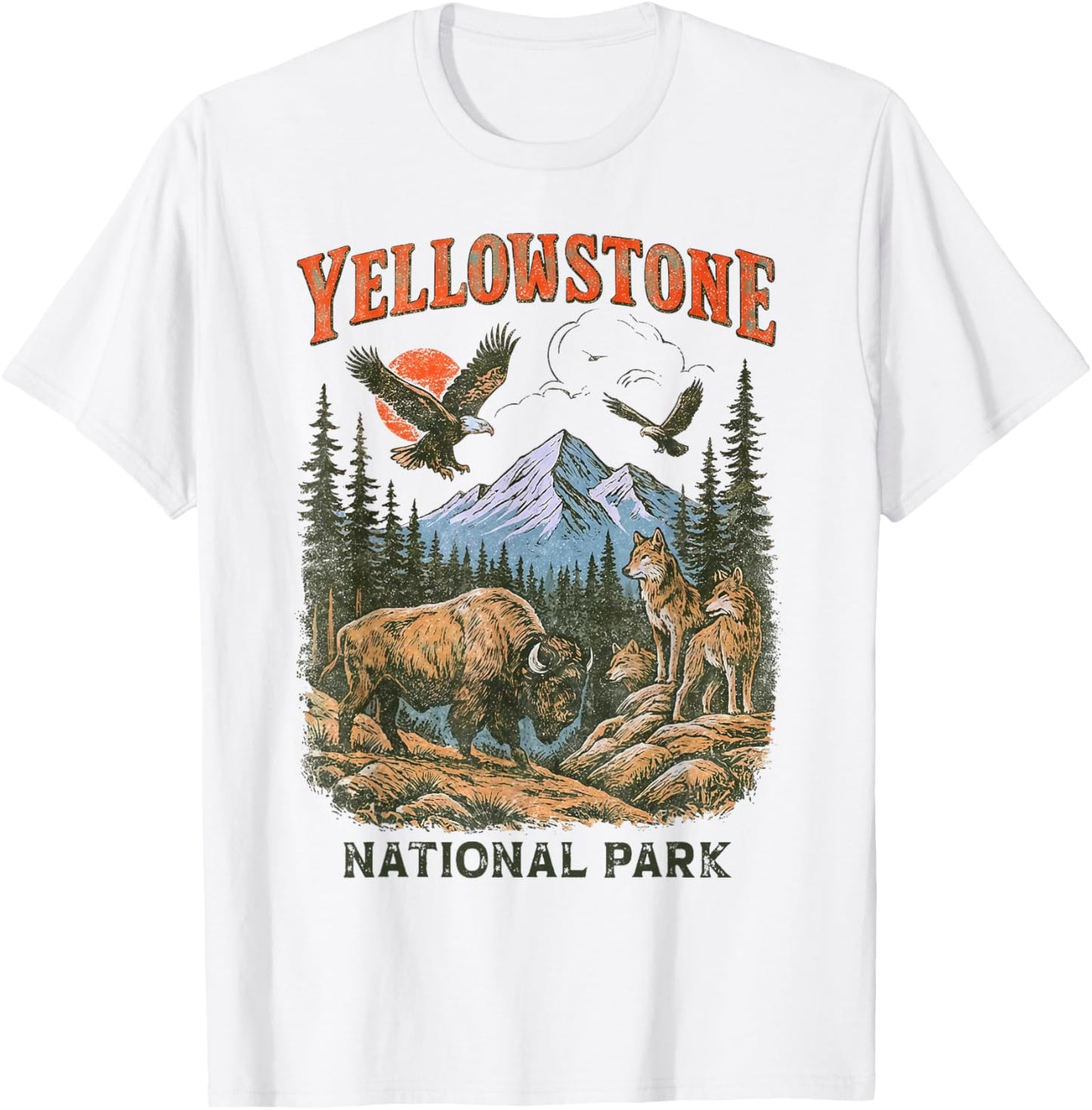 Yellowstone US National Park Wolf Bison Bear Flying Eagles T-Shirt - T-Shirt | White