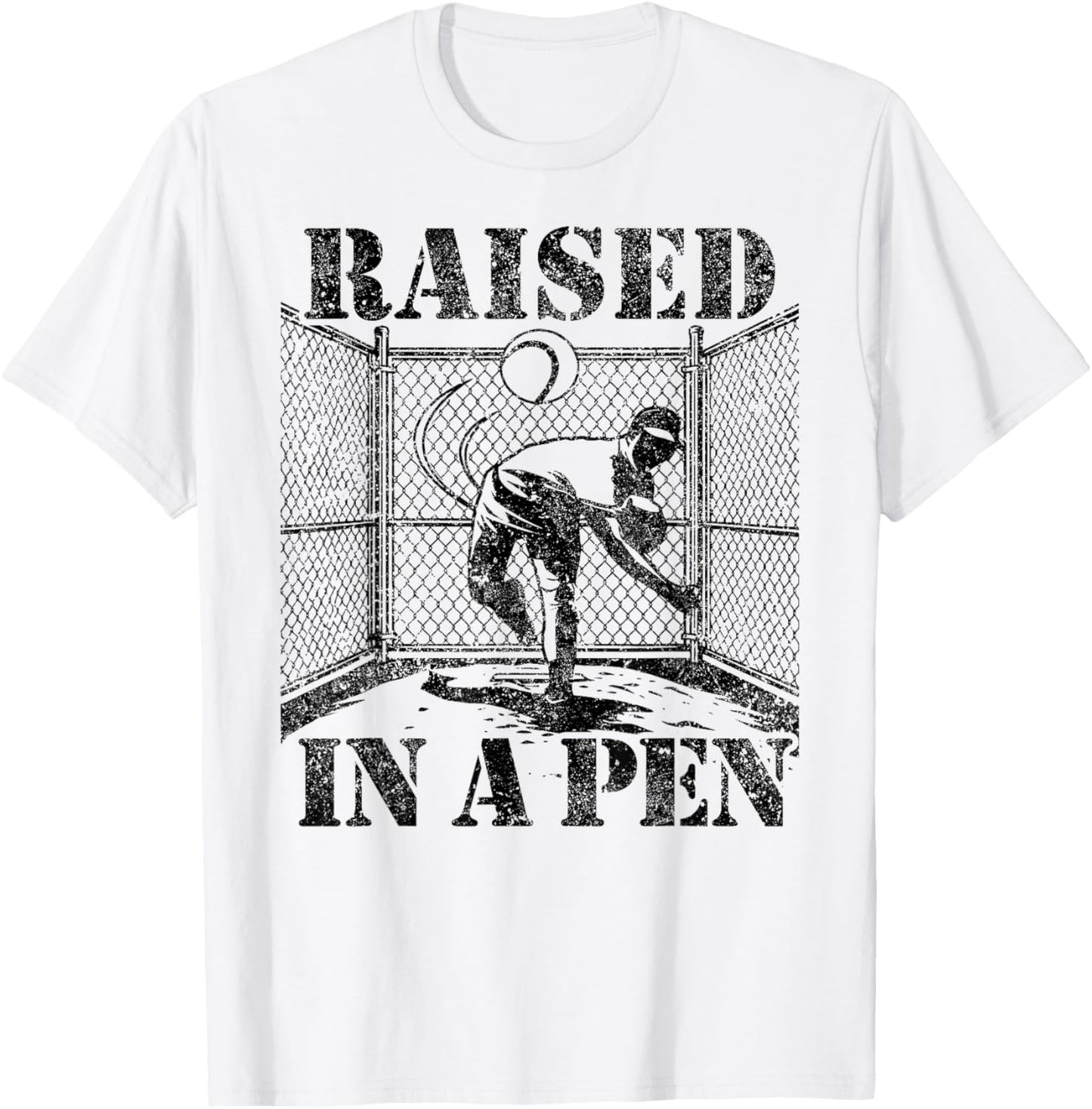 Raised in a Pen Baseball Pitcher Funny Saying Bullpen T-Shirt - T-Shirt | White