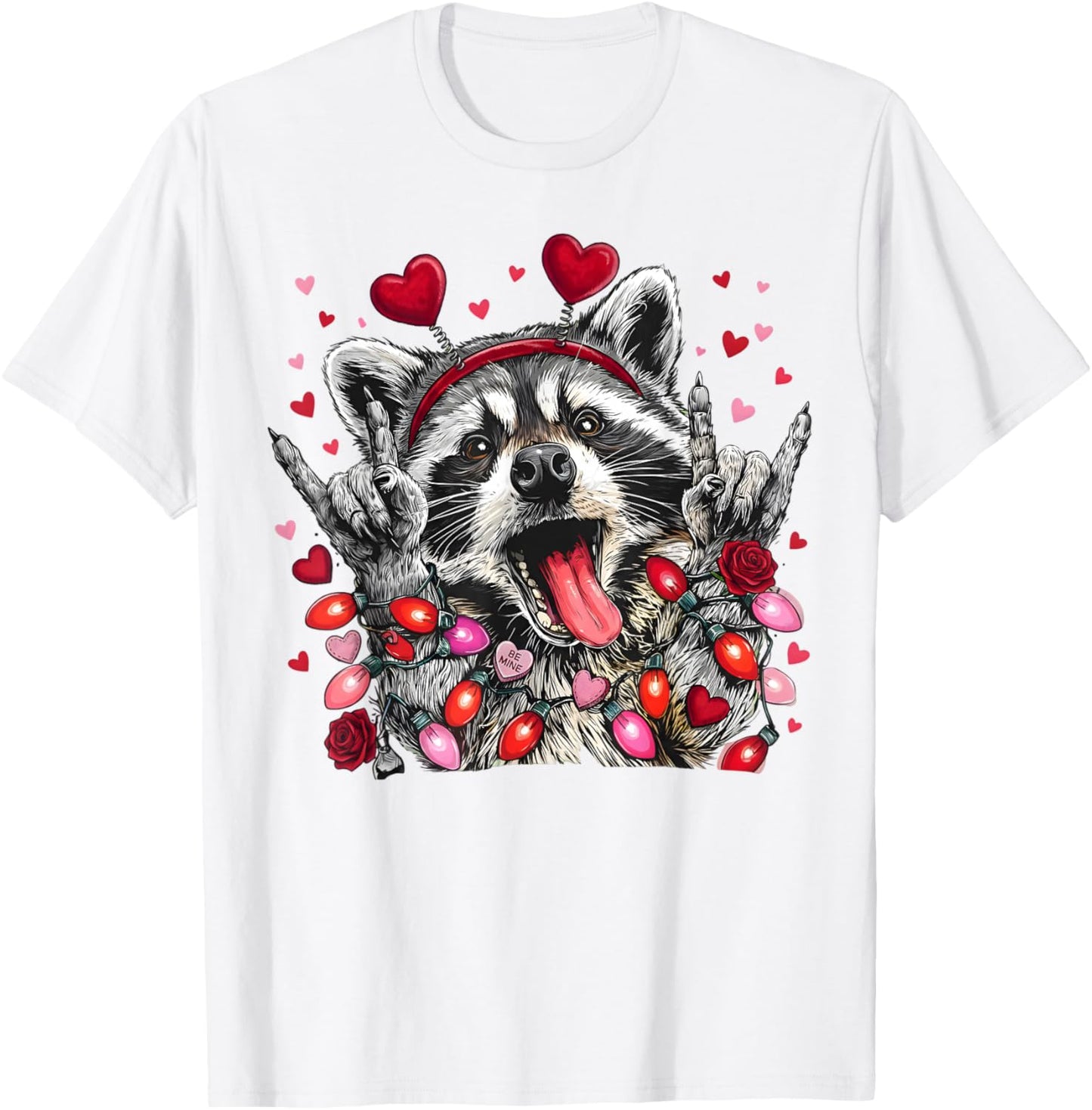 Rock On Hand Sign Racoon Meme Funny Valentines T-Shirt - T-Shirt | White