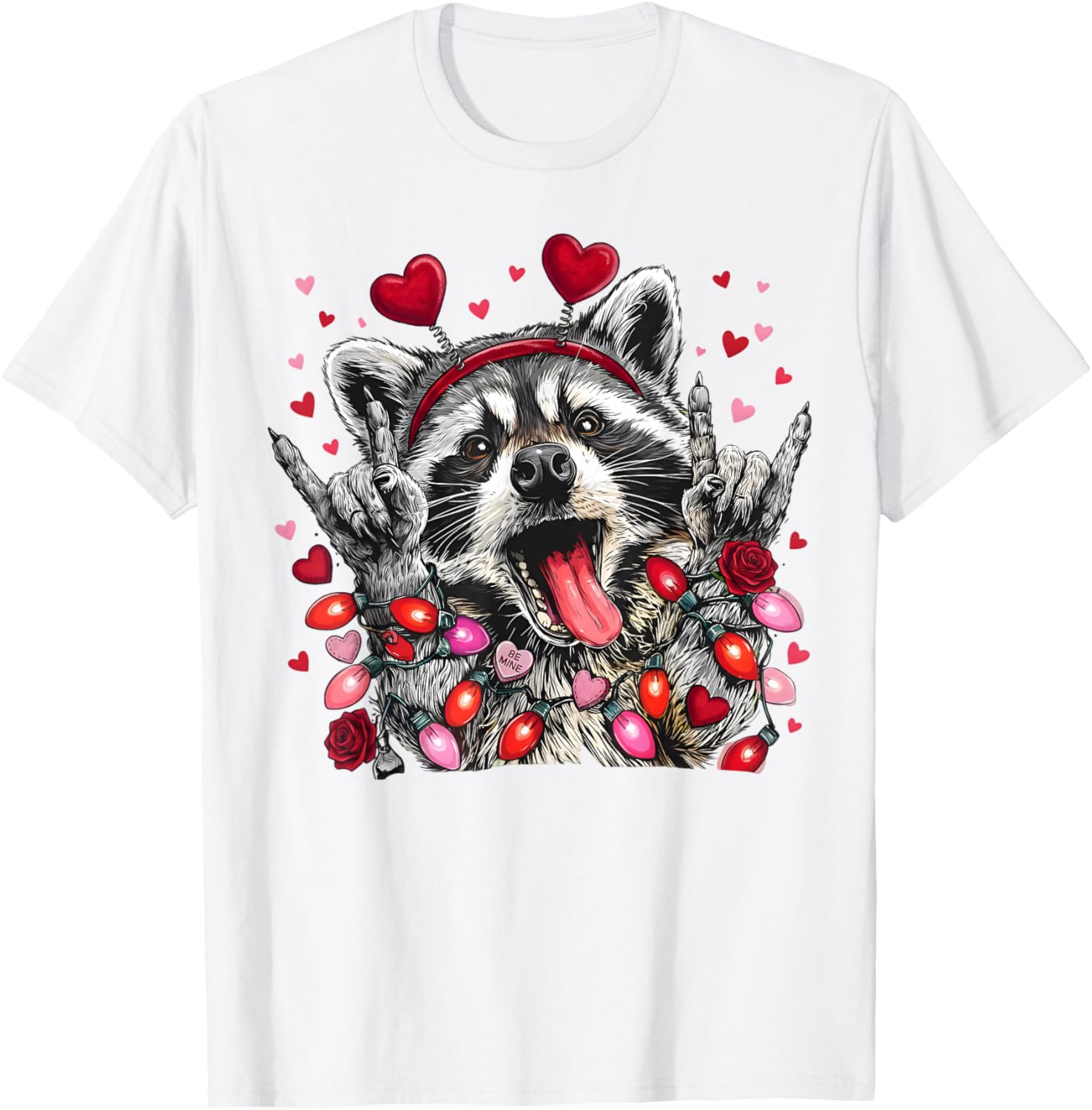 Rock On Hand Sign Racoon Meme Funny Valentines T-Shirt - T-Shirt | White