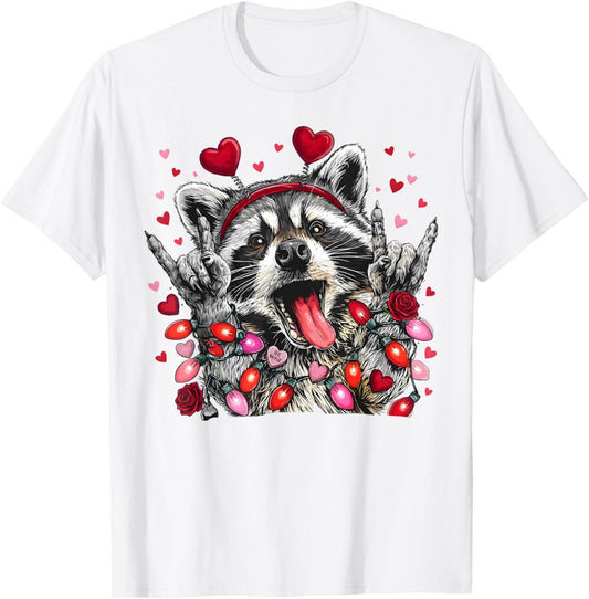 Rock On Hand Sign Racoon Meme Funny Valentines T-Shirt - T-Shirt | White