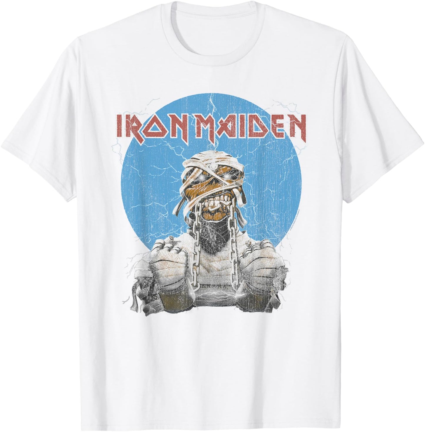 Iron Maiden Mummy Lightning Circle Baby Blue T-Shirt - T-Shirt | White