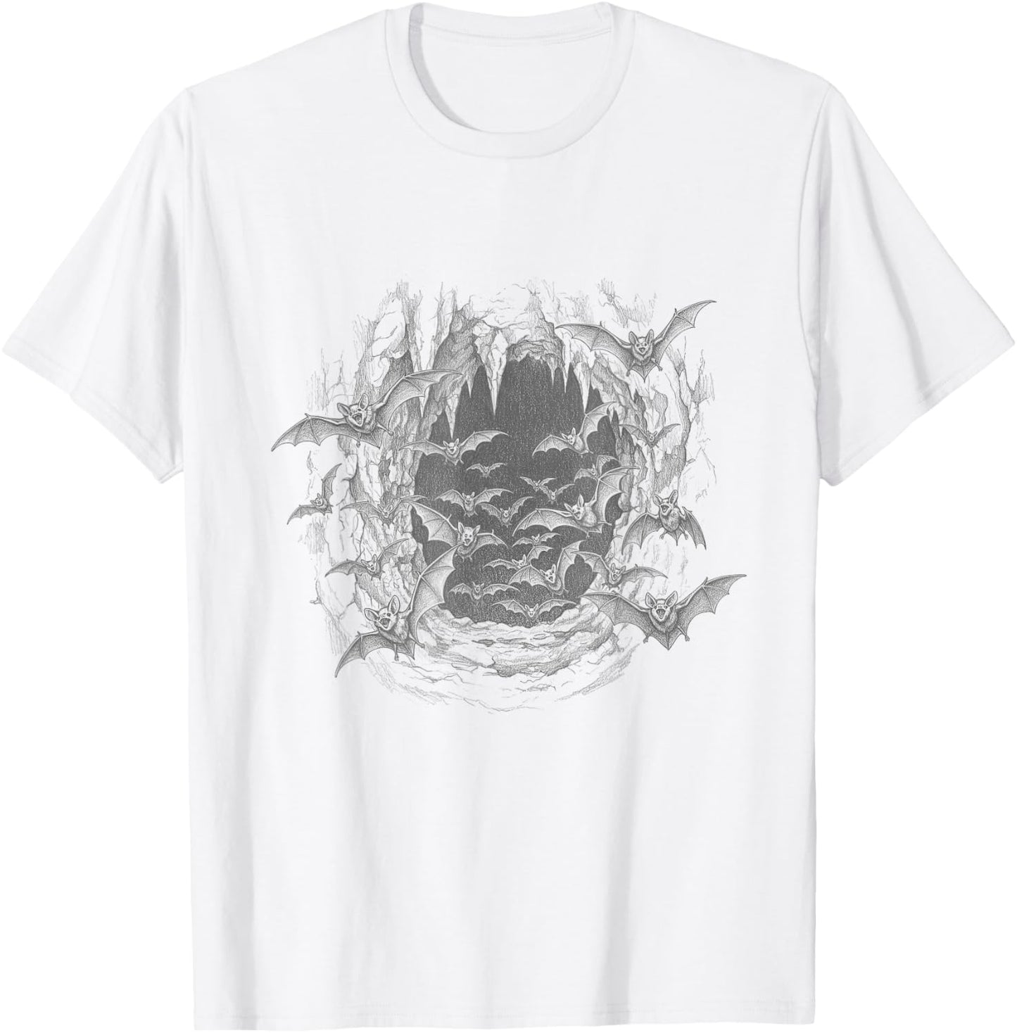 Vintage Vampire Bats Cave Scene Drawing Art Design T-Shirt - T-Shirt | White