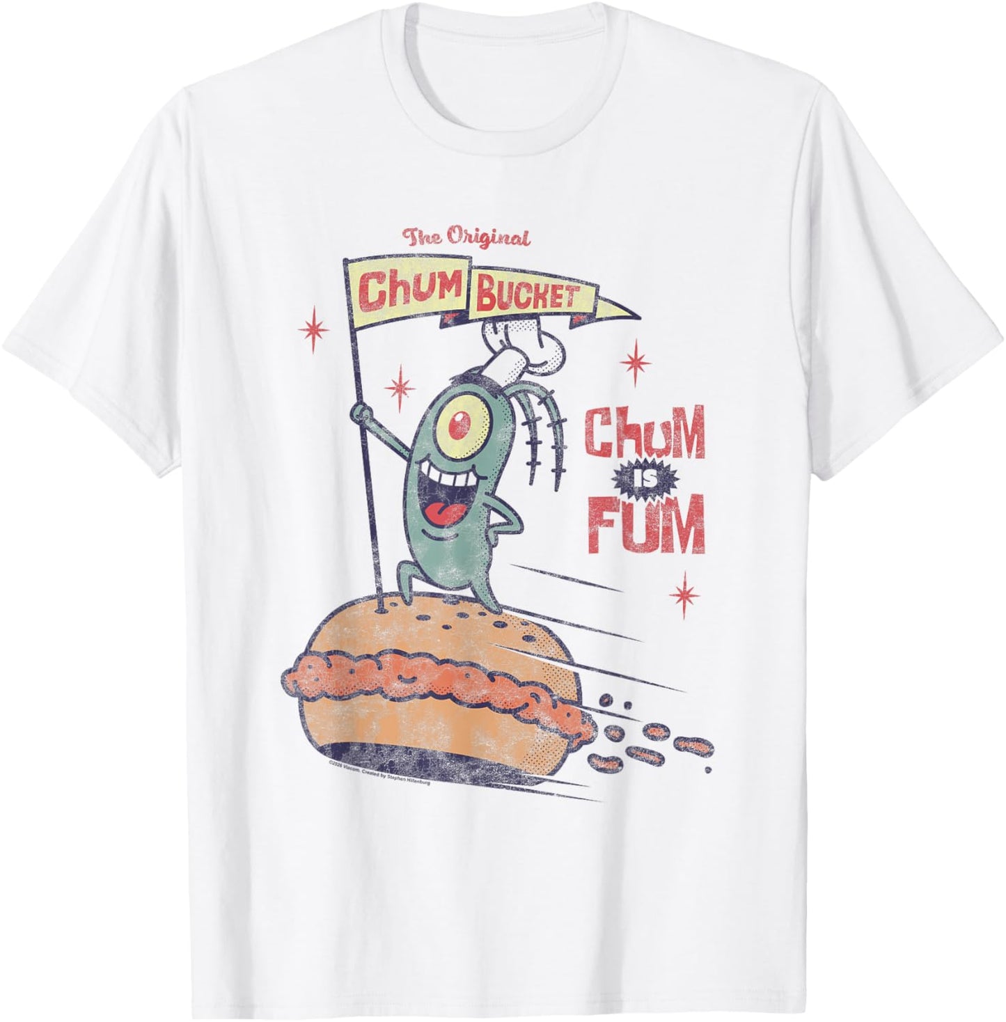 Spongebob Plankton Retro Chum Bucket Banner Cartoon T-Shirt - T-Shirt | White