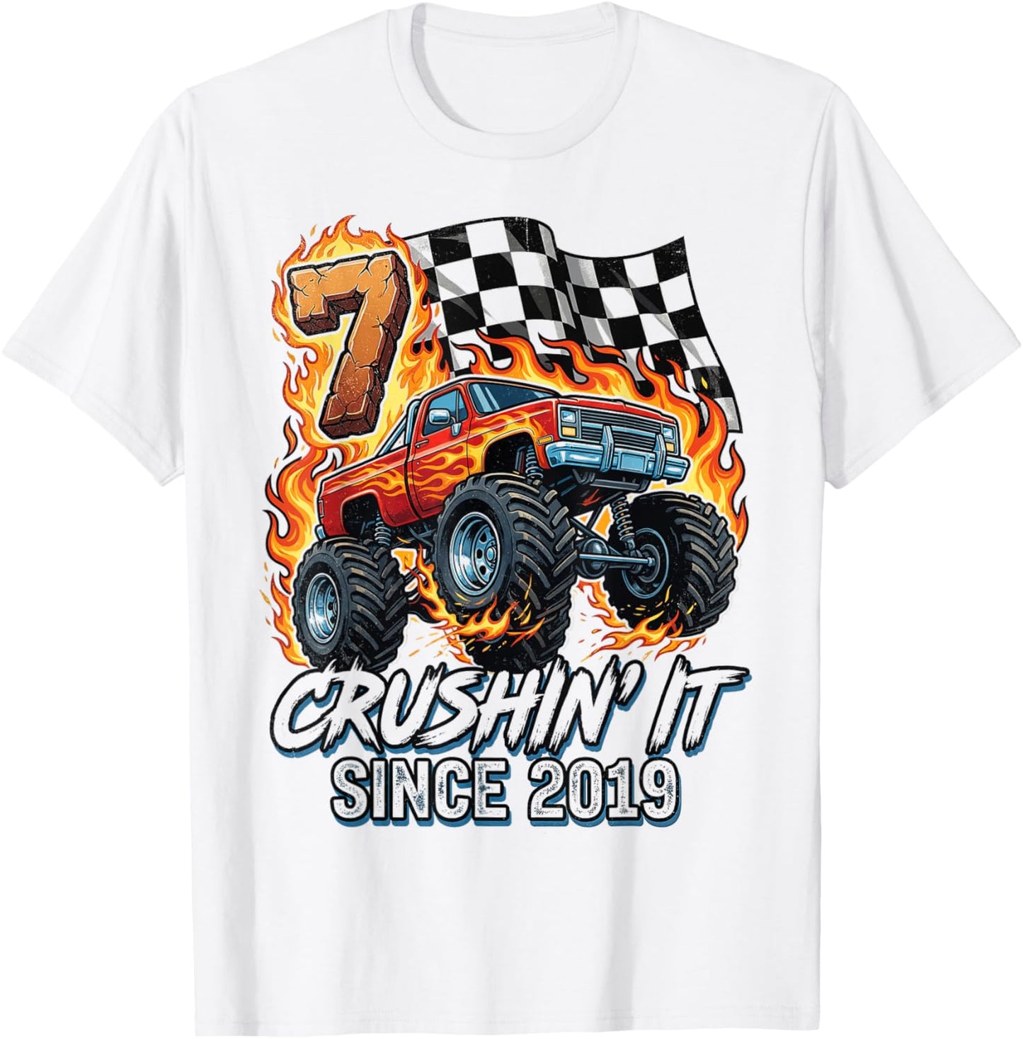 Birthday Monster Truck 7 Year Old Boys 7th Party Born 2019 T-Shirt - T-Shirt | White