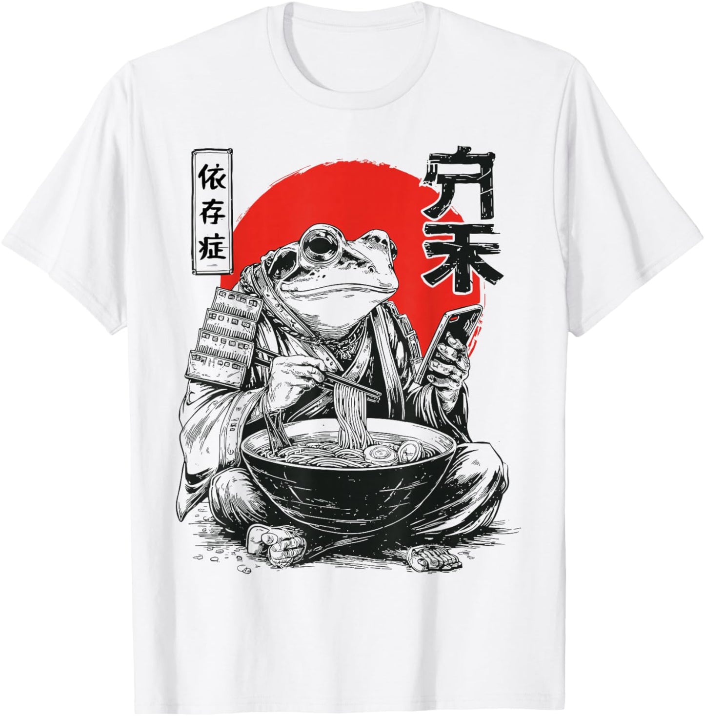 Grumpy Frog Eats Ramen and Scroll Phone Funny Japanese T-Shirt - T-Shirt | White