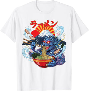 Kaiju Eating Ramen Funny Monster Noodle Japanese Mount Fuji T-Shirt - T-Shirt | White