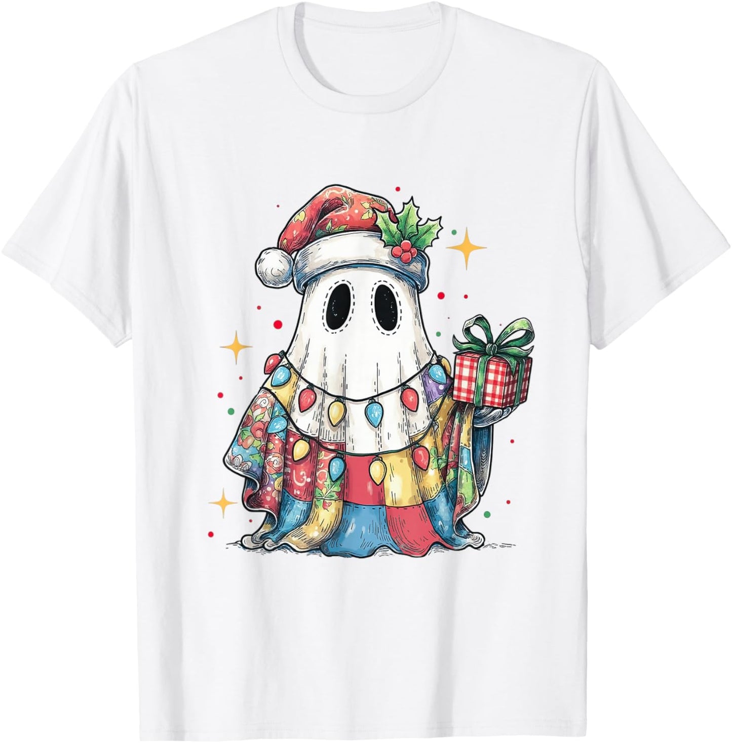 Santa Ghost Spooky Christmas Light Patchwork Matching Family T-Shirt - T-Shirt | White